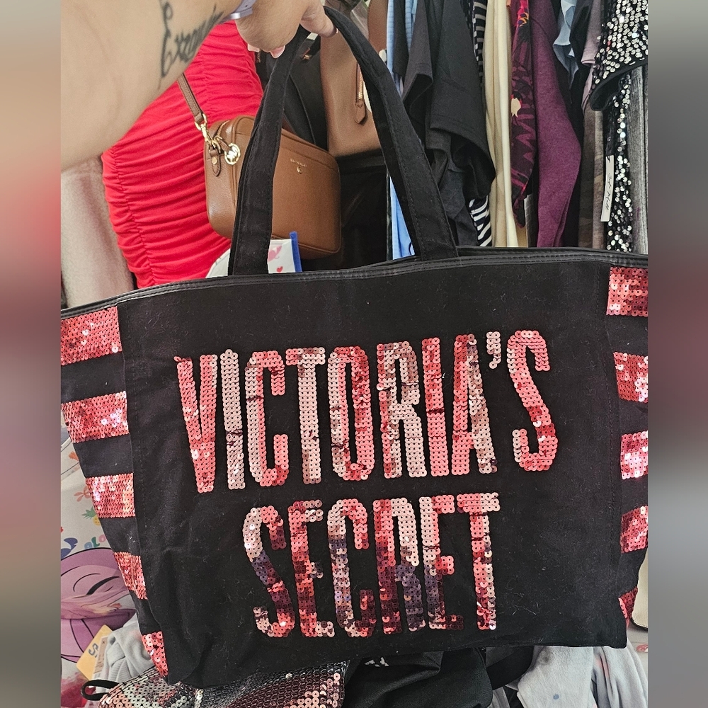 Victoria's Secret Black Tote with Pink Sequin Logo